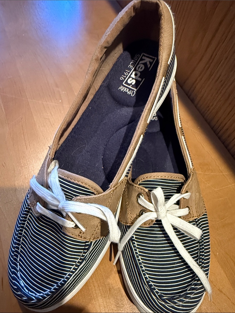 Keds Women’s Striped Canvas Sneakers in Navy, White & Tan